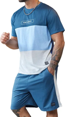 GORGLITTER Conjunto deportivo de 2 piezas de manga corta para hombre camiseta de bloque de color y pantalones cortos con cordón