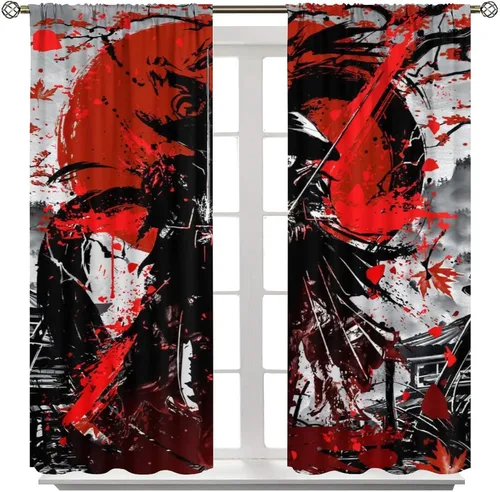 Miniatura 8 de Cortinas opacas con temática japonesa para dormitorio, acuarela, anime, samurái y dragón, flores de cerezo, cortinas de ventana con bolsillo