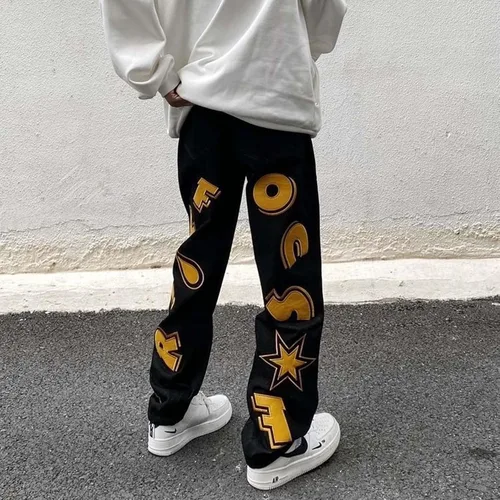 Miniatura 9 de Harajuku - Jeans para hombre con letras estampadas, rectos, holgados, para otoño e invierno, jeans engrosados, jeans góticos