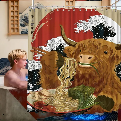 Miniatura 13 de Cortina de ducha estrecha con diseño de gato negro y animé japonés para casa rodante, juegos de decoración de baño, tela impermeable con ganchos, 36