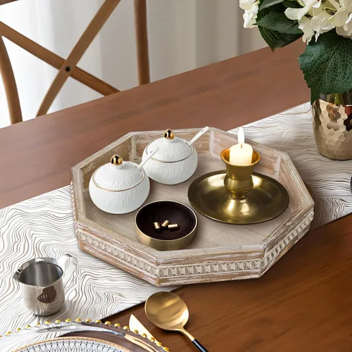 Miniatura 4 de MAONAME Bandeja de Madera para Servir, Bandeja de Madera Estilo Granja con Cuentas, Bandeja Octogonal para Servir Blanca Lavada, Bandeja de Mesa