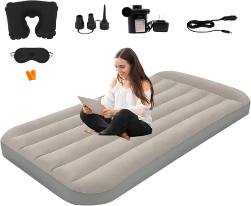 Miniatura 9 de Onirii Colchón de Aire Individual Tamaño Twin para Camping con Bomba de Aire, Colchón de Aire Inflable, Cama Inflable Portátil Engrosada, Gris