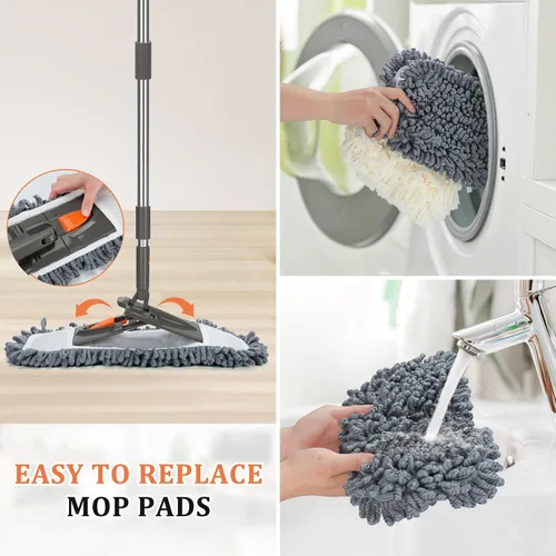 Miniatura 6 de Trapeador de polvo de microfibra con 3 almohadillas lavables reutilizables, mango largo de 58 pulgadas, mopas húmedas y secas para madera dura