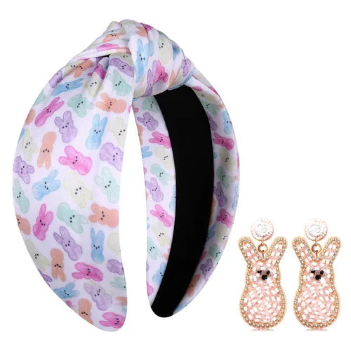 Diadema anudada con joyas con estampados de conejito de Pascua, huevo y zanahoria, accesorio para el cabello de primavera para fiestas y recuerdos