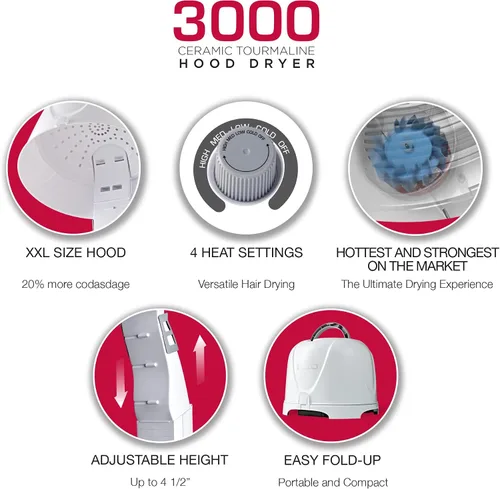 Miniatura 3 de Red by Kiss Secador de Campana Profesional de Cerámica y Turmalina 3000, Secador de Pelo con 4 Configuraciones de Calor para Hogar y Salón, Altura