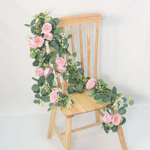 Miniatura 6 de TOCHGREEN Paquete de 2 Guirnaldas de Flores de Eucalipto Artificial de 13 Pies con Rosas Rosadas, Guirnalda de Flores de Rosa Falsa Vegetación