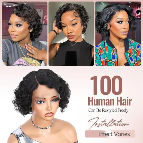 Miniatura 5 de WIGER Pelucas cortas con encaje frontal de cabello humano para mujeres, peluca corta rizada estilo Bob, peluca Pixie de encaje frontal negra, peluca