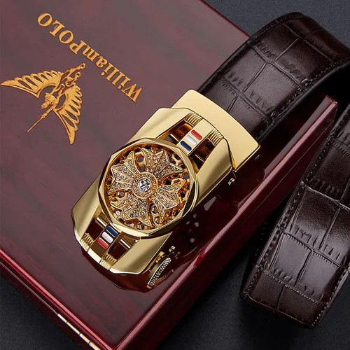 Miniatura 7 de Cinturón de trinquete para hombre cinturón de cuero con hebilla automática de aleación tendencia a la moda con caja de regalo