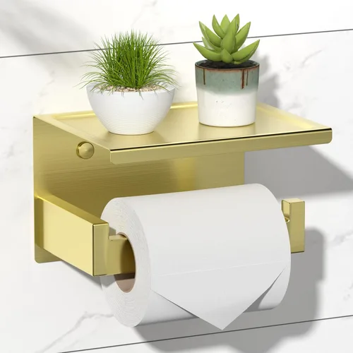 Miniatura 11 de HITSLAM Soporte de papel higiénico con estante, soporte para rollo de papel higiénico cromado autoadhesivo o montaje en pared con estante