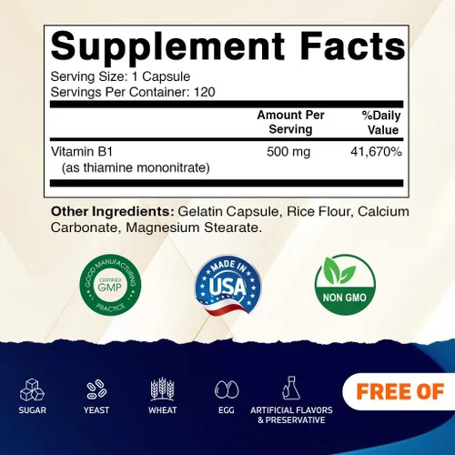 Miniatura 2 de Vitamatic Vitamina B1 (tiamina) 500 mg - Paquete de 2 (240 cápsulas en total)