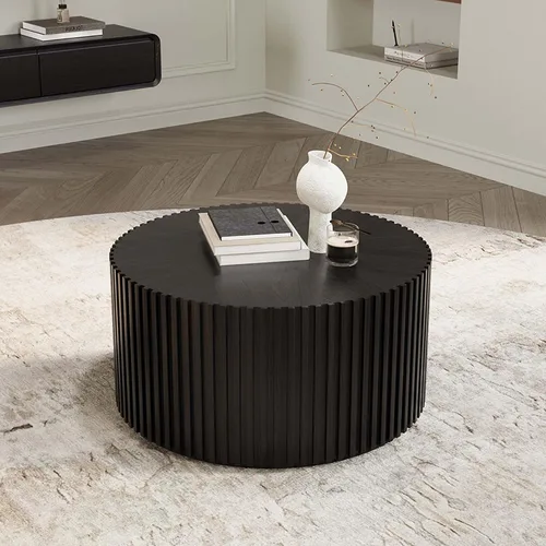 Miniatura 12 de POVISON Mesa auxiliar, mesa de centro redonda de madera, mesa auxiliar moderna para sala de estar, mesa de centro acanalada, color negro, totalmente