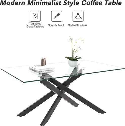 Miniatura 7 de Mesa de centro de cristal para sala de estar, moderna rectangular con parte superior de vidrio templado transparente y patas de metal, mesas de Negro