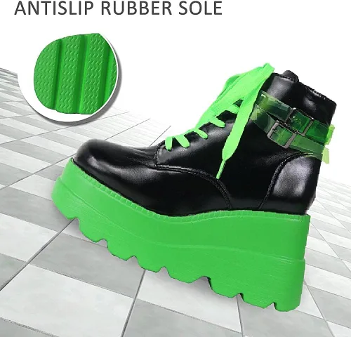 Miniatura 4 de CELNEPHO Botas de plataforma gruesa para mujer, puntera cuadrada, con cordones, tacón alto, tacón alto, botas de tobillo de cuña