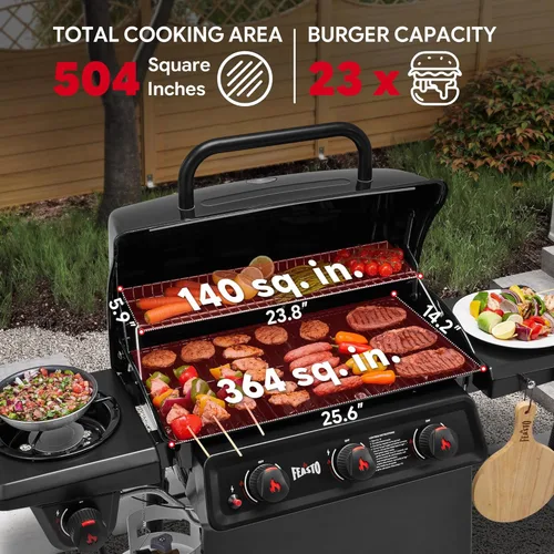 Miniatura 5 de Feasto Parrilla de gas propano de 3 quemadores con quemador lateral, cuerpo principal y tapa esmaltados de porcelana, parrilla de barbacoa
