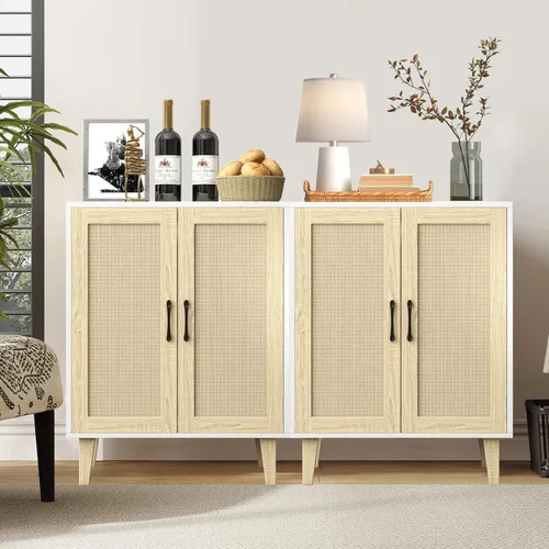 Miniatura 6 de Panana Aparador de buffet con puertas decoradas de ratán, armario de almacenamiento de cocina, armario de acento (blanco)