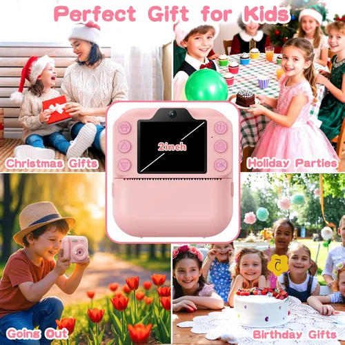 Miniatura 5 de Cámara para niños de impresión instantánea, juguetes para niños pequeños, regalos de Navidad y cumpleaños para niñas y niños, cámara digital Rosa