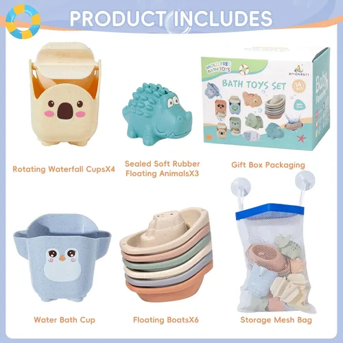 Miniatura 6 de Juguetes de baño para bebés de 1 a 3 años, paquete de 14 juguetes de baño para niños de 2 a 4 años, juguetes de agua con botes flotantes y tazas