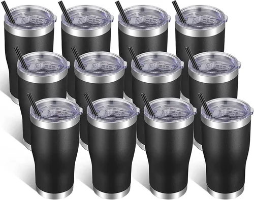 Miniatura 11 de VEGOND Vaso de acero inoxidable de 20 onzas con tapa y pajita, aislado al vacío, taza de café de viaje de doble pared (negro, paquete de 6)