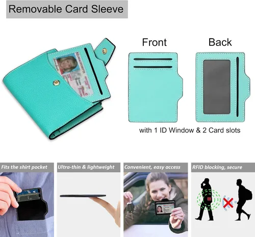 Miniatura 4 de FT FUNTOR RFID - Billetera de cuero para mujeres, tarjetero de mujer, pequeña billetera compacta de bolsillo con ventana para identificación