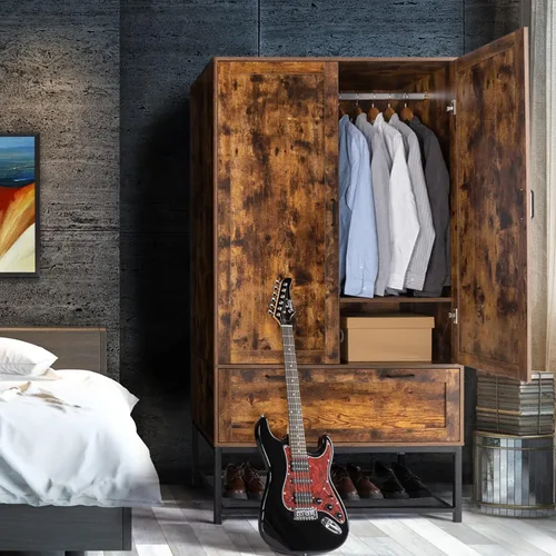 Miniatura 10 de VINGLI Armario Ropero Acanalado con Puertas y Cajones, Gabinete Armario con Barra para Colgar, Armario de Dormitorio de Madera de Roble, Armario