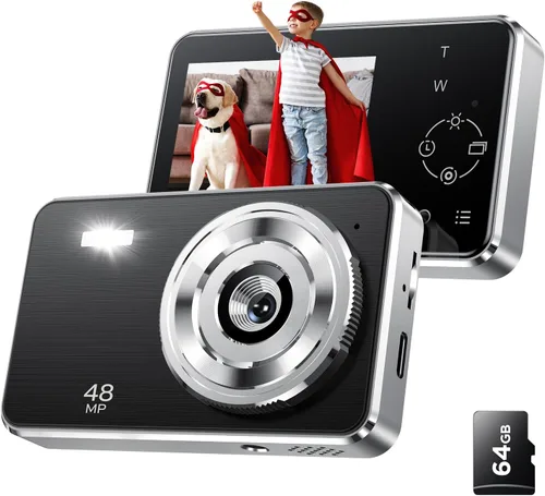 Cámara digital Voxitenus - Cámara FHD 1080P para niños - Tarjeta TF de 64GB - Zoom 16x Auto-Enfoque con bolsa de cámara - Lector de tarjetas