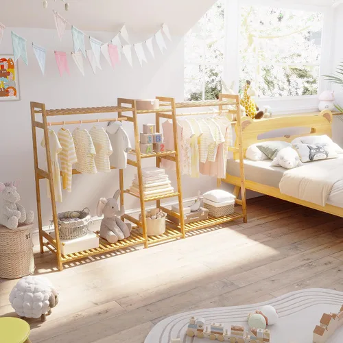 Miniatura 6 de BAMBOOHOMIE Perchero de ropa para niños con estantes, perchero de ropa de bambú para niños, niños y bebés, perchero de almacenamiento para vestirse