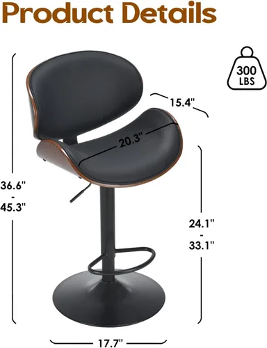 Miniatura 2 de Soohow Juego de 2 taburetes de bar ajustables, ergonómicos y modernos con respaldo para isla de cocina, taburete de bar de piel sintética