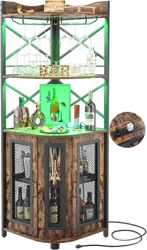 Aheaplus Mueble Bar de Esquina con Toma de Corriente, Gabinete Industrial para Vino con Tira LED y Portavasos, Gabinete de Licores de 5 Niveles