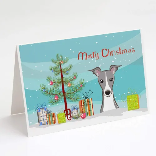 Miniatura 50 de Caroline's Treasures BB1616GCA7P - Tarjetas de felicitación y sobres de árbol de Navidad y sabueso afgano, paquete de 8 tarjetas en blanco