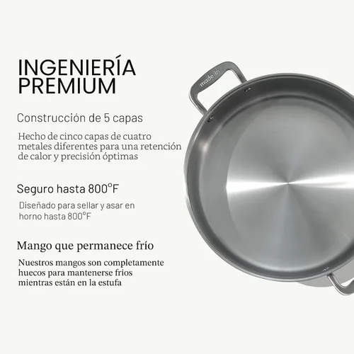 Miniatura 2 de Made In Utensilios de Cocina - Olla Rondeau de Acero Inoxidable de 10 Quarts con Tapa - Acero Inoxidable de 5 Capas - Utensilios de Cocina