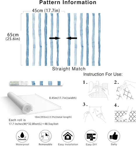 Miniatura 6 de HAOKHOME Papel pintado azul para despegar y pegar, papel de pared rayado costero bohemio, removible, azul índigo/blanco, de vinilo, autoadhesivo