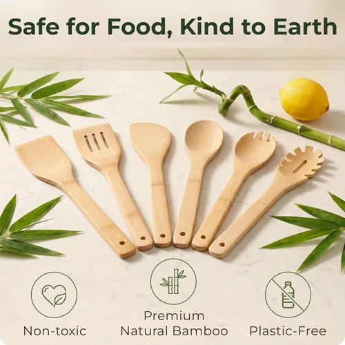 Miniatura 3 de Bamboo Wooden Utensil Set, 6 Pcs - Nonstick Safe & Heat-Resistant Bamboo Utensils for Cooking - Easy to Clean & Sturdy Wooden Spoons for Cooking &