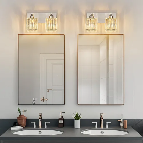 Miniatura 2 de Lámpara de tocador moderna de 2 luces de níquel cepillado, lámpara de tocador de cristal, luz de pared de baño, accesorios de iluminación de baño