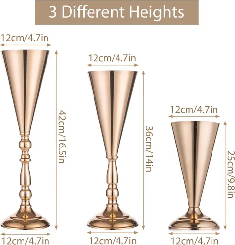 Miniatura 5 de Sziqiqi Juego de 2 centros de mesa altos metálicos para mesas de recepción de boda Florero dorado con soporte Decoración de base para fiestas