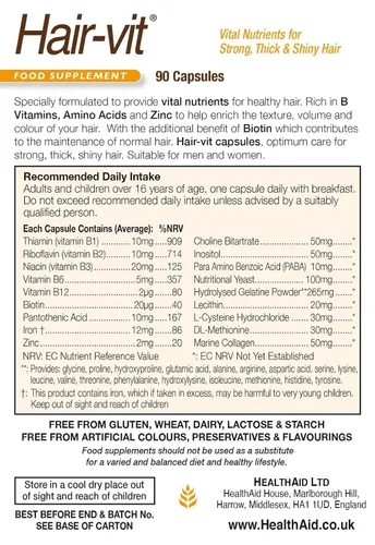 Miniatura 6 de HealthAid Hair-VIT Suplemento de apoyo para el cabello, fórmula una vez al día con biotina, vitaminas y aminoácidos del complejo B - Ayuda a