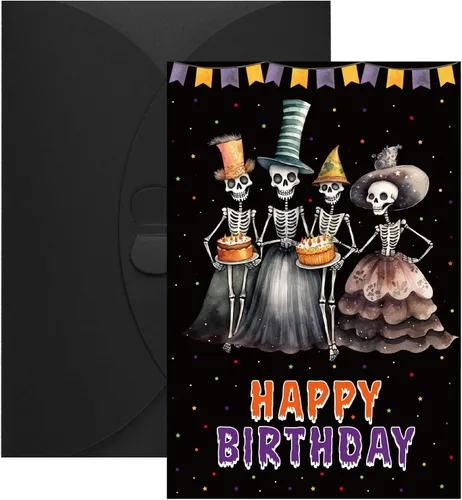 WhatSign Divertida tarjeta de cumpleaños de Halloween, diseño de esqueleto espeluznante, tarjetas de Halloween para mujeres, hombres, niñas y niños