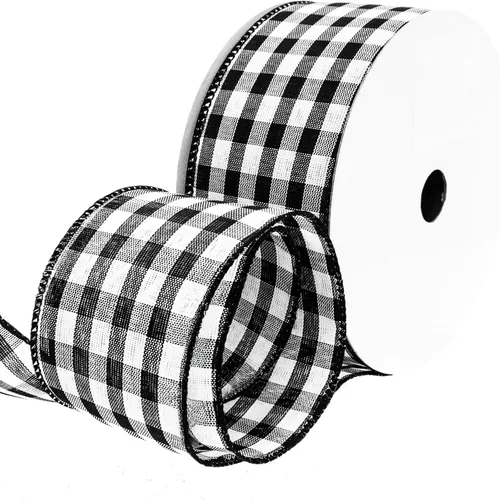 Cinta de cuadros de 2-1/2" x 25 yardas, cinta a cuadros de búfalo con alambre, en blanco y negro, para envolver regalos, manualidades y decoraciones