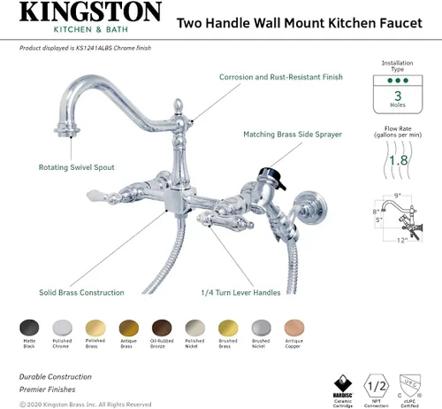 Miniatura 6 de Kingston Brass KS1243ALBS Heritage - Grifo de cocina de montaje en pared de 8 pulgadas con rociador de latón, latón antiguo
