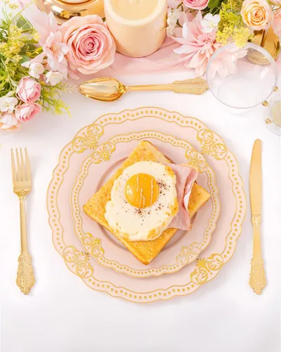 Miniatura 4 de Ciaell 350 platos de plástico rosa, platos desechables de color rosa y dorado, incluyen 50 platos desechables, 150 cubiertos resistentes, 50 tazas
