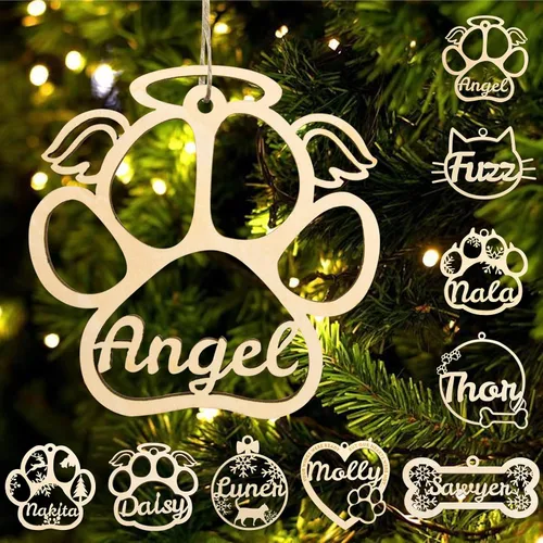 Miniatura 14 de Adorno personalizado de pata de perro y gato, adorno personalizado con nombre de mascota, adornos de madera personalizados para árbol de Navidad