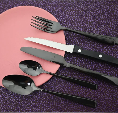 Miniatura 3 de Juego de cubiertos de mango grueso de 24 piezas, acero inoxidable 18/10 negro antiguo con cuchillo para carne, juego de cubiertos pulidos de espejo