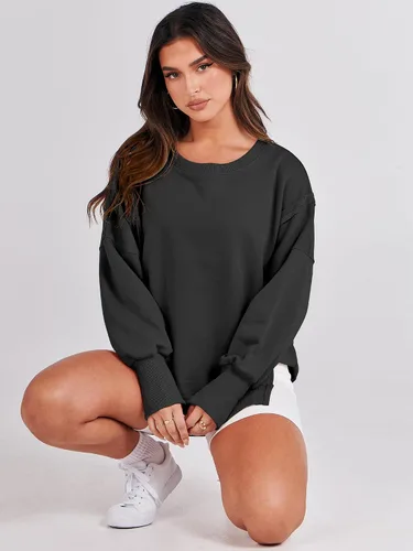 Miniatura 4 de ANRABESS Sudadera de gran tamaño para mujer, cuello redondo, manga larga, casual, con abertura, sin botones, ropa de otoño