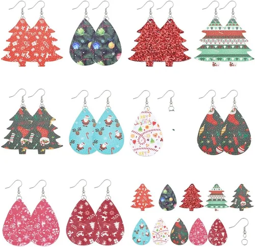 SUNNYCLUE 1 caja de 10 pares de aretes de piel sintética de Navidad para árbol de Navidad, aretes colgantes de piel sintética con forma de lágrima y