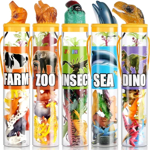 JOYIN 69 figuras de animales pequeños, mini juego de juguetes de selva con cubo sensorial, juego realista de bosque salvaje, zoológico, océano,