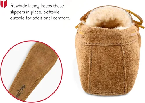 Miniatura 4 de Minnetonka Pantuflas tipo mocasín de piel de oveja suave para hombre, Tan dorado