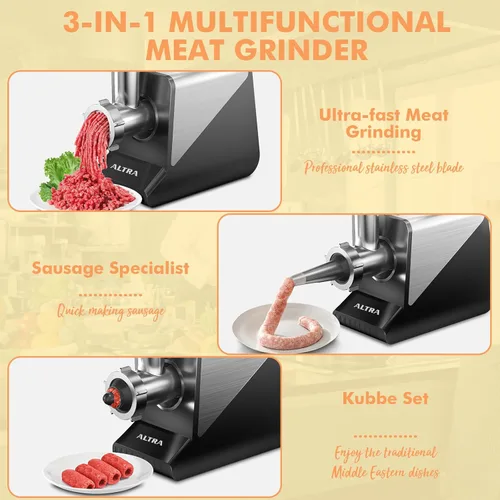 Miniatura 5 de ALTRA LIFE - Molinillo eléctrico de carne, relleno de salchichas máximo de 2800 W con 2 cuchillas, 3 platos, tubo de salchicha, rallador de queso