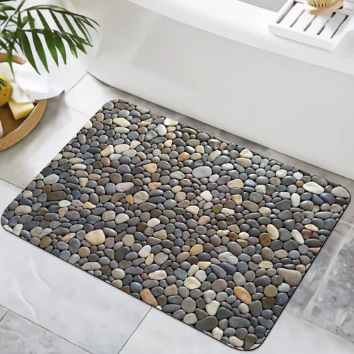 Alfombra de baño con estampado de piedra de guijarro, antideslizante, lavable, patrón de adoquines, tapete de baño pequeño con parte trasera de