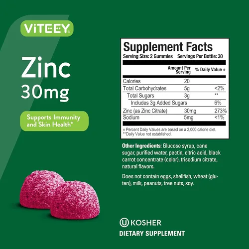Miniatura 4 de Viteey Gomitas de zinc para mujeres y hombres, suplemento de apoyo inmunológico, 30 mg, vegano, sin gelatina, sin OMG, 60