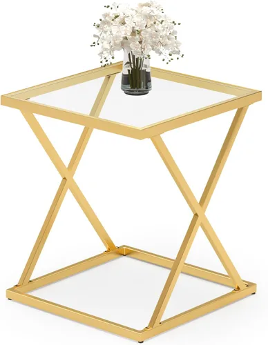Miniatura 11 de Mesa auxiliar cuadrada de 19.68 pulgadas con parte superior de vidrio templado, elegante marco de metal en forma de X, mesa auxiliar para sala
