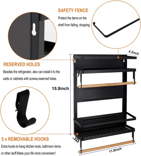 Miniatura 7 de Jolitac Estante magnético para especias para refrigerador, organizador de ahorro de espacio, estante negro en el refrigerador, soporte para toallas
